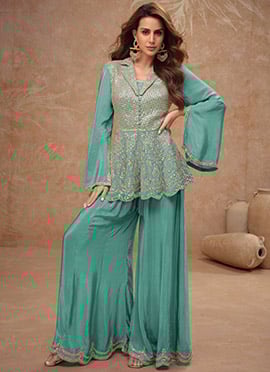 Turquoise Chinon Gota Indowestern Stunning Peplum Top Palazzo Set
