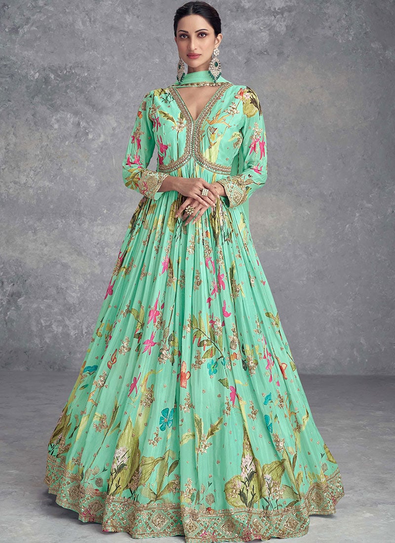 Turquoise Chinon Hand Embroidered Digital Print Elegant Anarkali Suit Wedding Wear