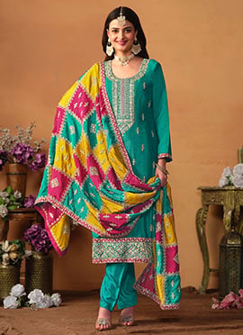 Turquoise Chinon Sequins Embroidered Straight Pant Suit