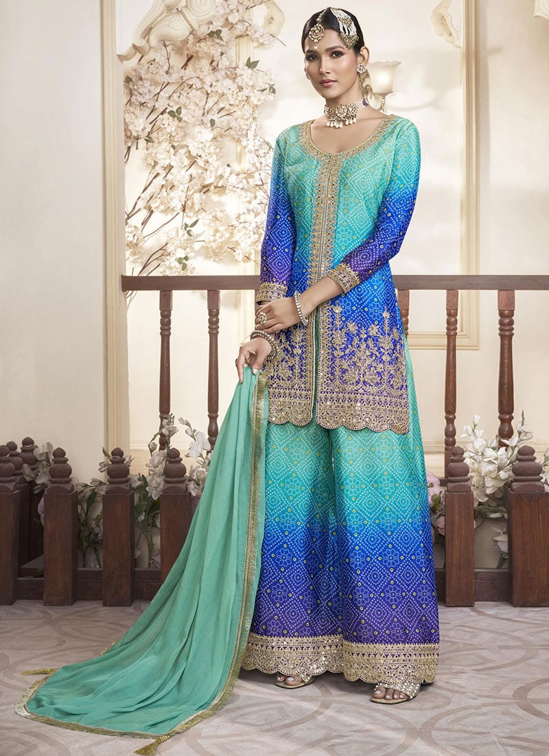 Turquoise Chinon Silk Bandhini Print Embroidered With Mirror Work Sequins Palazzo Suit Festive Wear