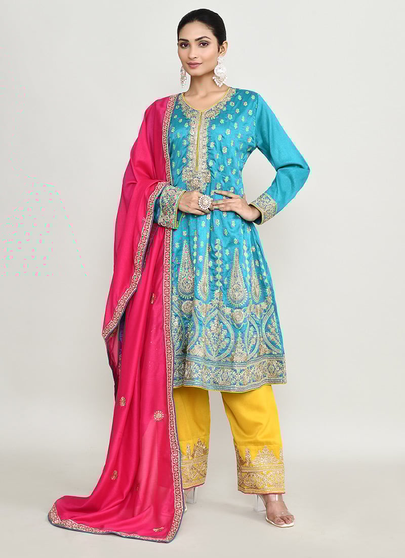 Turquoise Chinon Silk Embroidered Sequins Palazzo Suit