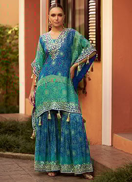 Turquoise Chinon Silk Gota Work With Embroidered Sequins Kaftan Indowestern Set