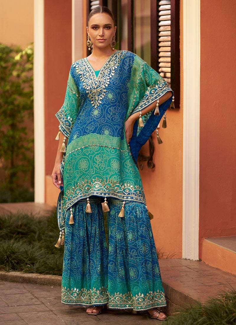 Turquoise Chinon Silk Gota Work With Embroidered Sequins Kaftan Indowestern Set Festive Wear