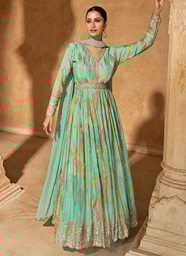 Turquoise Chinon Silk Printed Embroidered Sequins Gorgeous Anarkali Suit