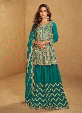 Turquoise Chinon Silk Sequins Mirror Work Peplum Blouse With Long Choli Lehenga