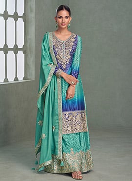 Turquoise Chinon Silk Zari Embroidered Sequins Bandhini Print Palazzo Suit