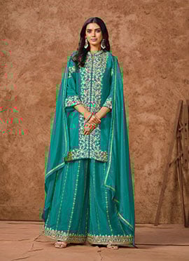 Turquoise Chinon Silk Zari Embroidered Sequins Palazzo Suit