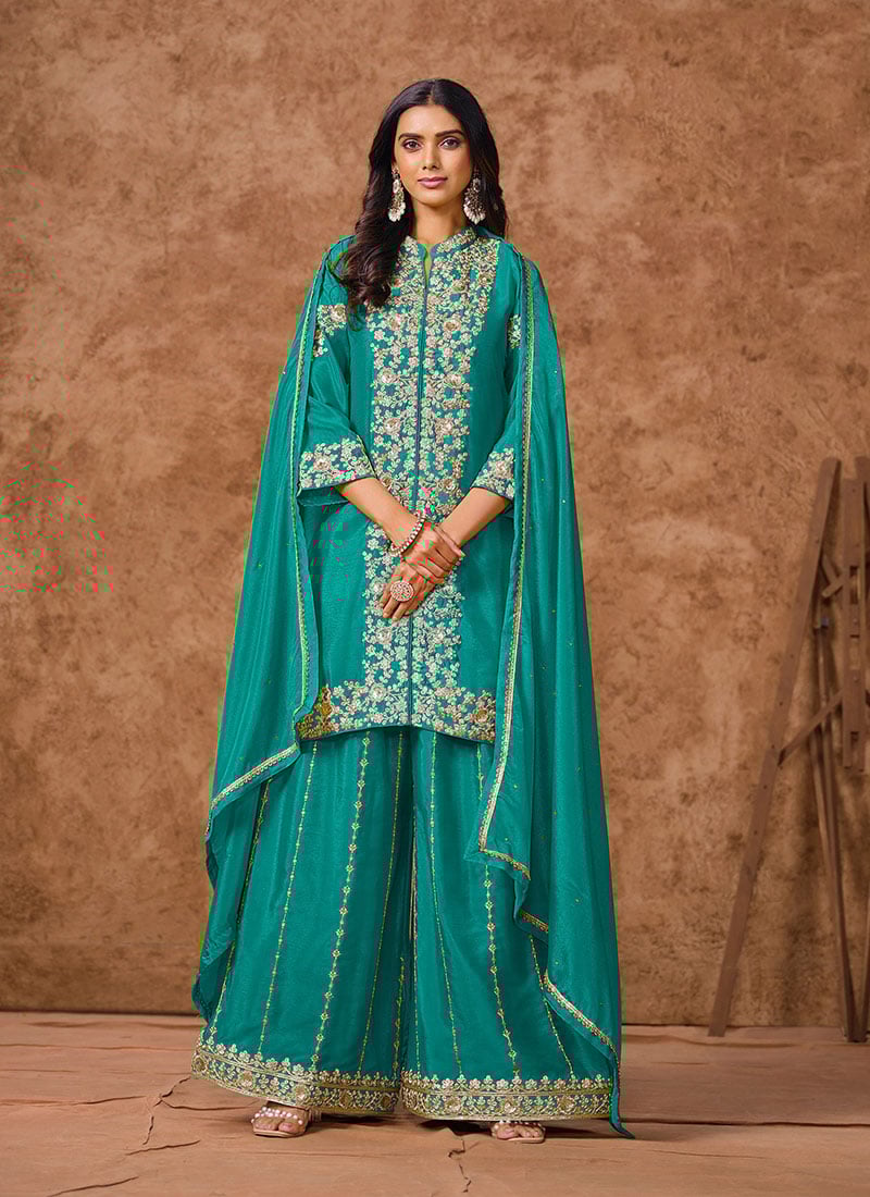 Turquoise Chinon Silk Zari Embroidered Sequins Palazzo Suit Festive Wear