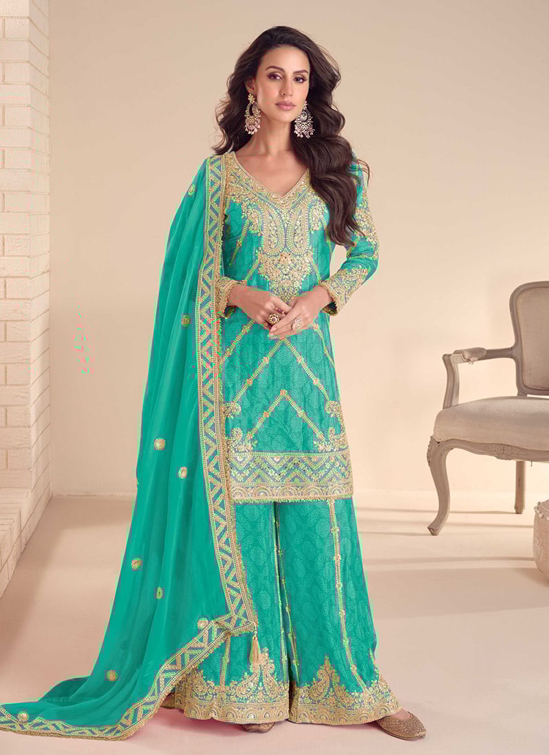 Turquoise Chinon Zari Embroidered And Bandhini Print Pakistani Palazzo Suit  Festive Wear