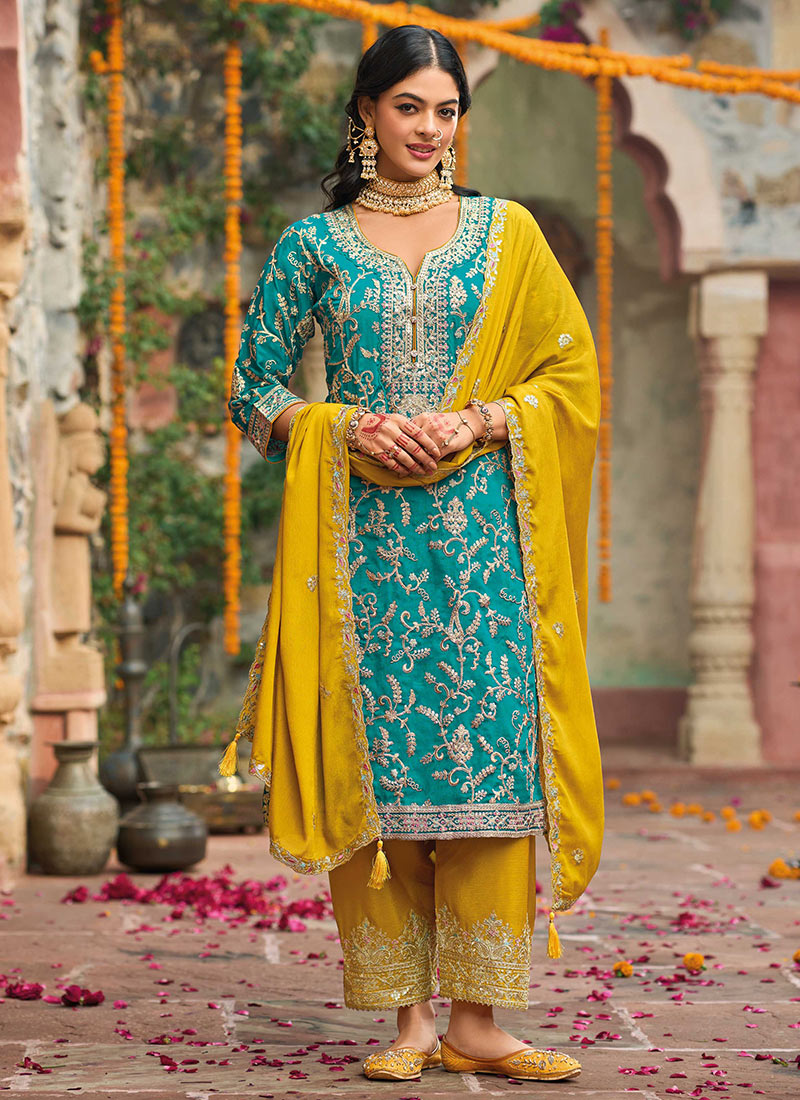 Turquoise Chinon Zari Embroidered Sequins Pakistani Straight Pant Suit Festive Wear