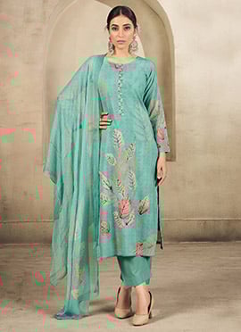 Turquoise Cotton Digital Print Straight Pant Suit