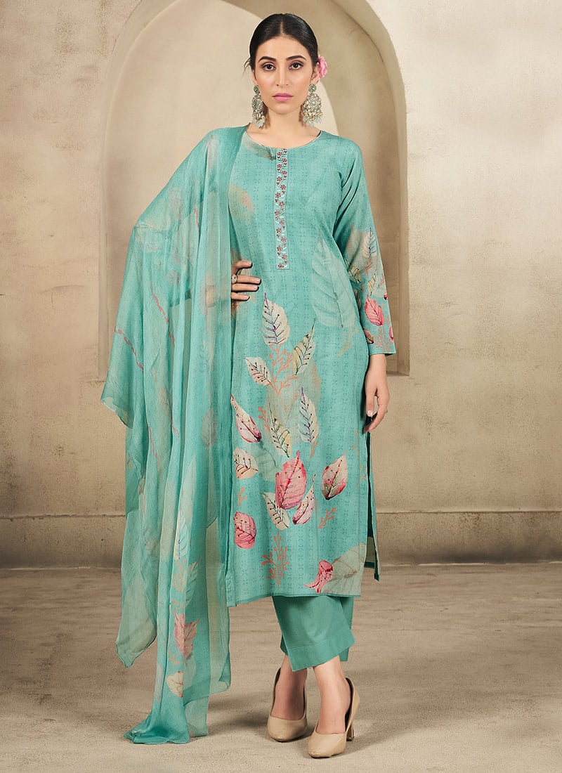 Turquoise Cotton Digital Print Straight Pant Suit Festive Wear
