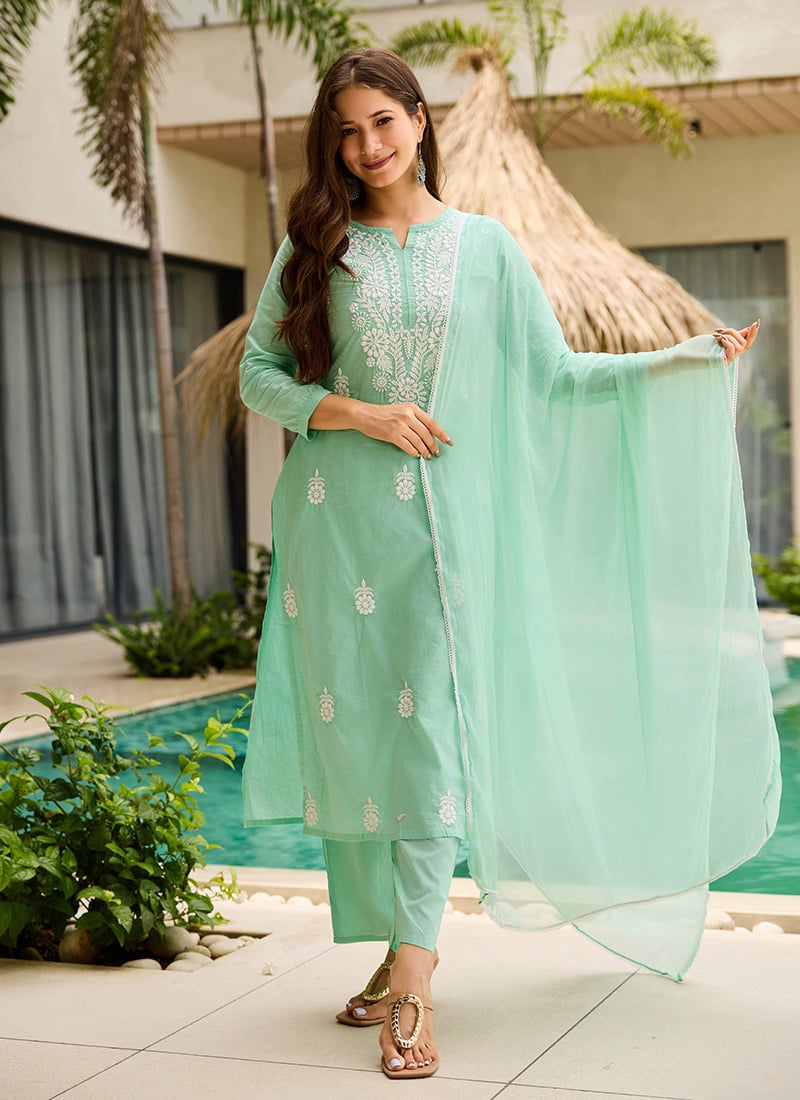 Turquoise Cotton Embroidered Straight Pant Suit After Six Wear
