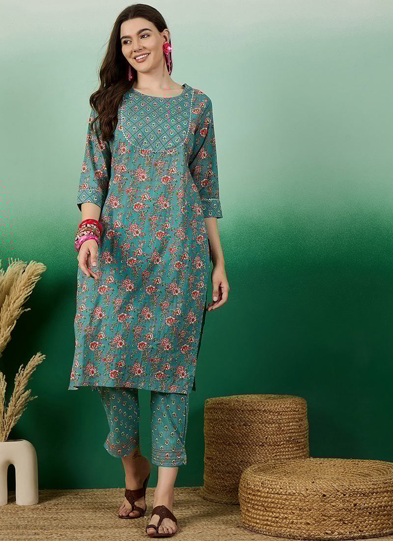 Turquoise Cotton Floral Print Kurta Straight Pant Suit