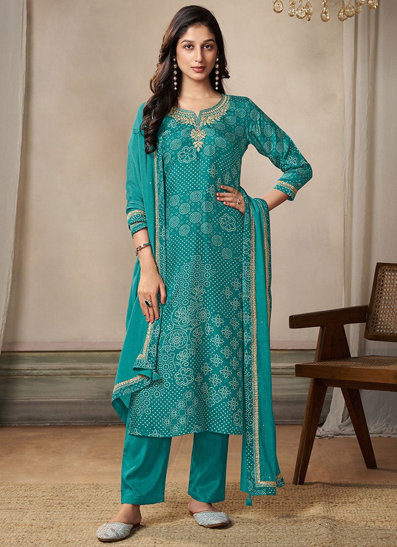 Turquoise Dola Silk Bandhini Print Embroidered Straight Pant Suit Festive Wear