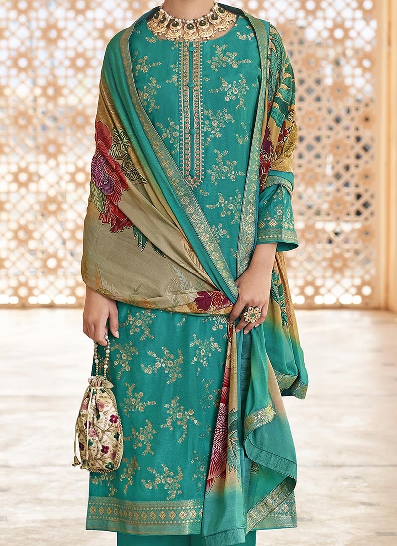 Turquoise Lehenga style Suits Dola Jacquard Silk main image 1