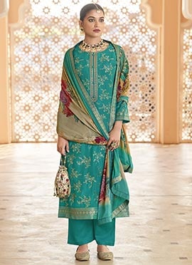 Turquoise Dola Silk Jacquard Embroidered Sequins Straight Pant Suit