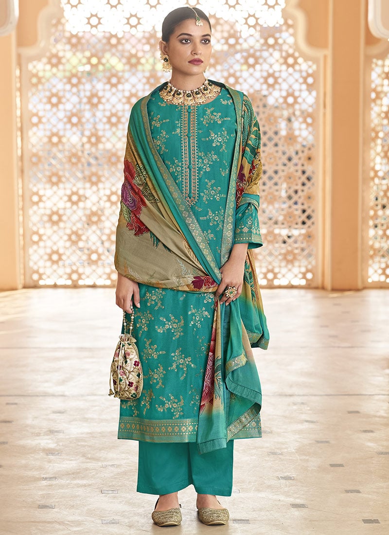 Turquoise Dola Silk Jacquard Embroidered Sequins Straight Pant Suit Festive Wear