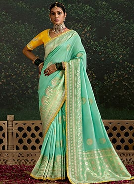 Turquoise Embroidered And Sequins Thread Work Saree