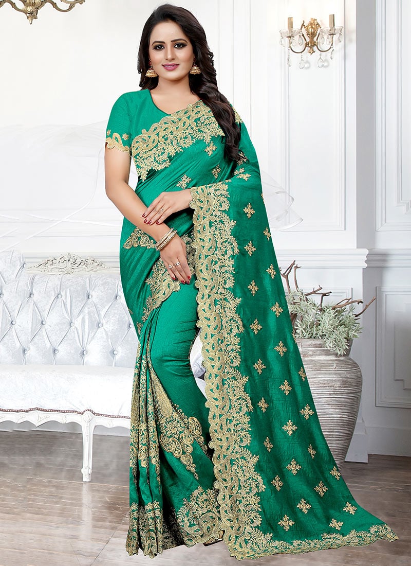 Turquoise Embroidered Art Silk Saree Party Wear