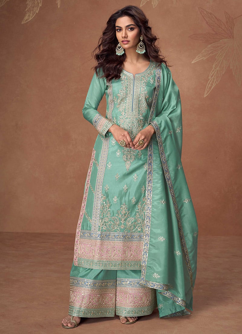 Turquoise Embroidered Sequins Simmer Silk Pakistani Palazzo Suit Festive Wear