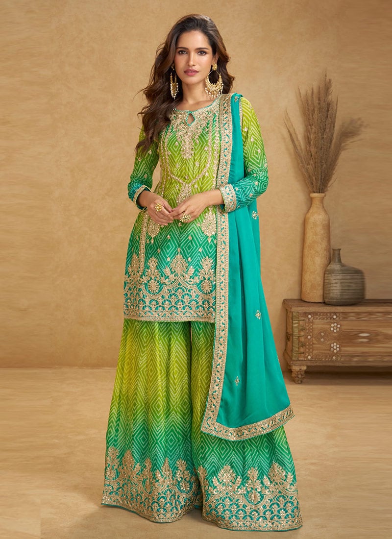 Turquoise Embroidered Sequins With Stone Work Chinon Silk Palazzo Suit Festive Wear