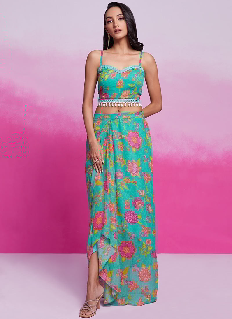 Turquoise Faux Georgette Digital Print Indowestern Jacket Skirt Set After Six Wear