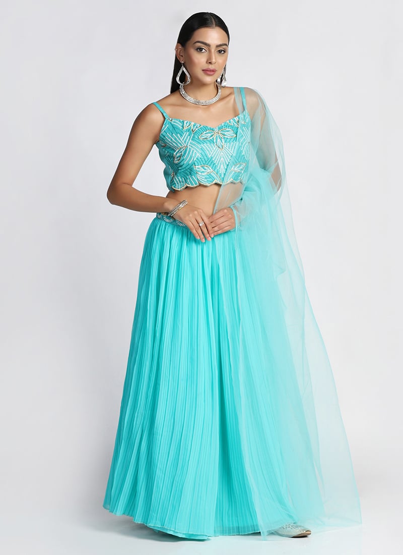 Turquoise Faux Georgette Embroidered Dressy A Line Lehenga Party Wear