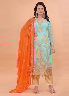 Turquoise Faux Georgette Zari Embroidered sequins Straight Pant Suit
