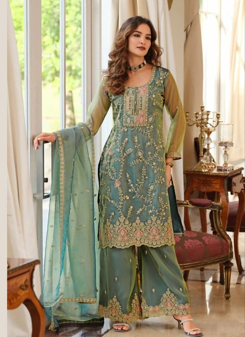 Turquoise Fendy Silk Embroidered Sequins Palazzo Suit Festive Wear