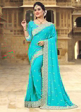 Turquoise Georgette Embroidered Saree