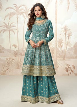 Turquoise Georgette Embroidered Sequins Elegant A Line Pakistani Palazzo Suit
