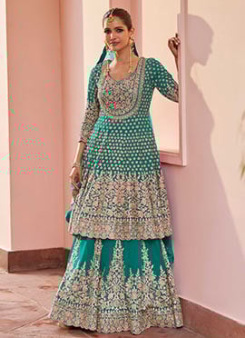 Turquoise Georgette Zari Embroidered Sequins Anarkali Lehenga