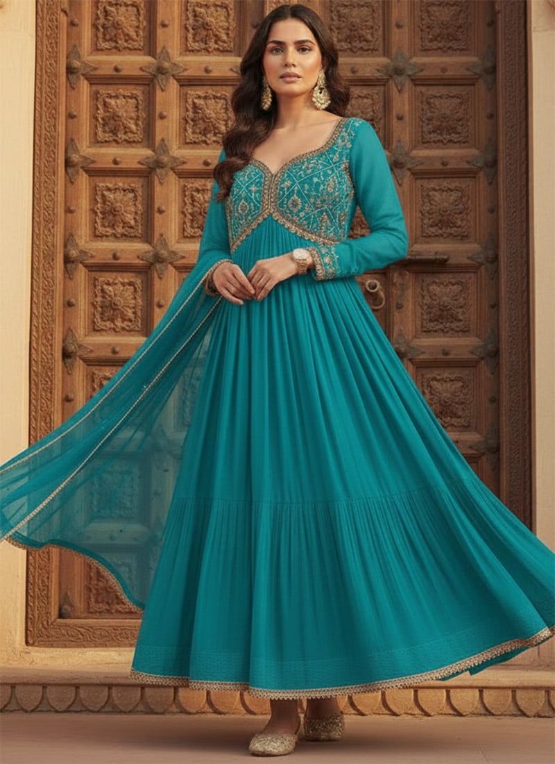 Turquoise Georgette Zari Sequin Embellished Anarkali Suit  Festive Wear