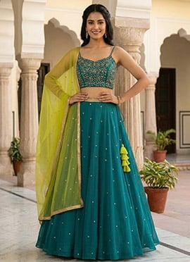 Turquoise Georgette Zari Sequins Hand Embroidered Lehenga