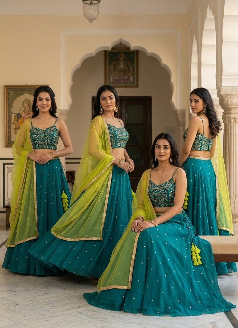 Turquoise Georgette Zari Sequins Hand Embroidered Lehenga Wedding Wear