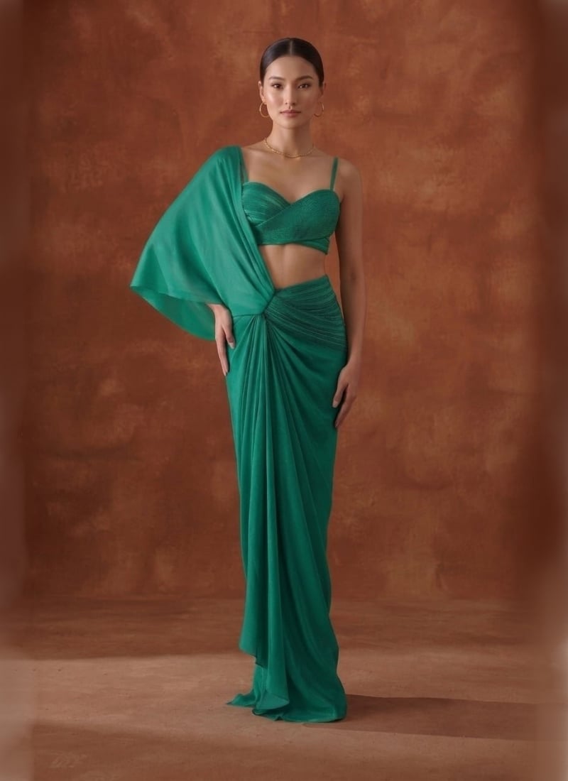 Turquoise Green Pre Draped Saree Pleated Satin Sraee Wedding Wear