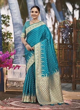 Turquoise Jacquard Banarasi Satin Silk Saree