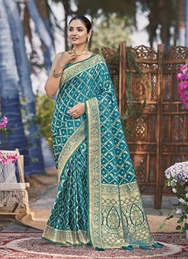 Turquoise Jacquard Banarasi Satin Silk Saree