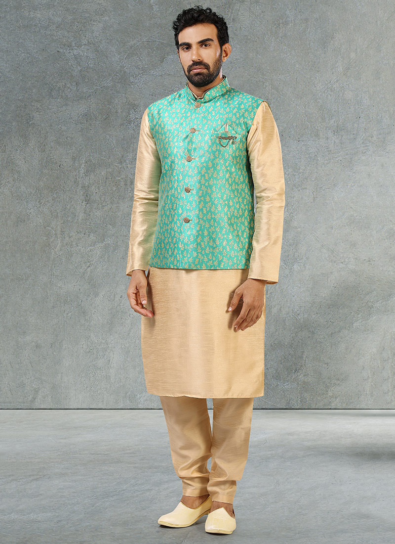 Turquoise Jacquard Benarasi Silk Bandi Set Party Wear