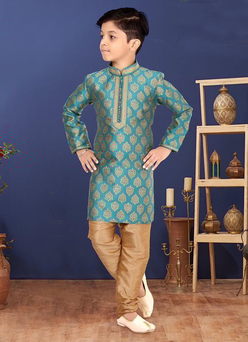 Turquoise Jacquard Silk Boys Kurta Pyjama