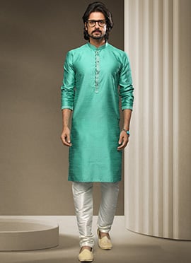 Turquoise Jacquard Silk Brocade Kurta Pyjama