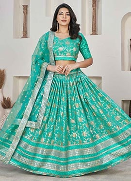 Turquoise Jacquard Silk Embroidered Umbrella Lehenga