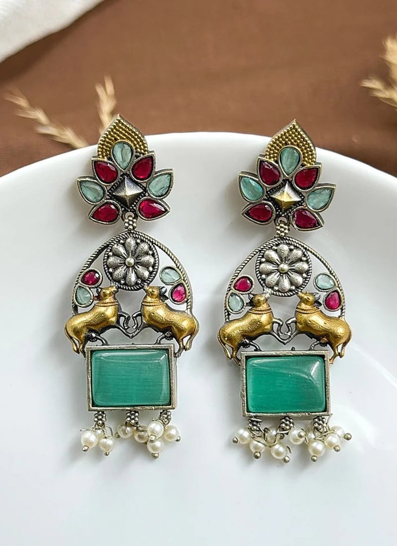 Turquoise Kundan Beaded Motif Dangler Earrings Festive Wear