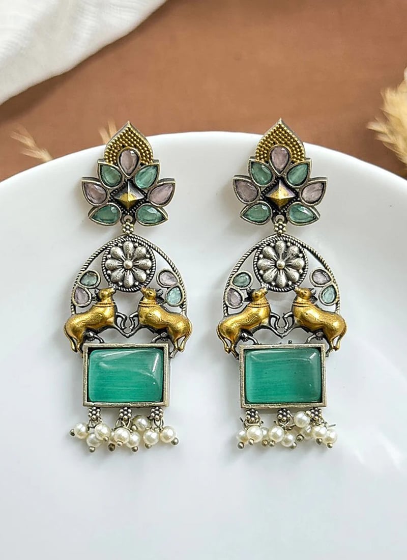 Turquoise Kundan Beaded Motif Dangler Earrings Festive Wear