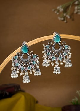 Turquoise Kundan Beads Chaand Bali Jhumka Earrings For Women