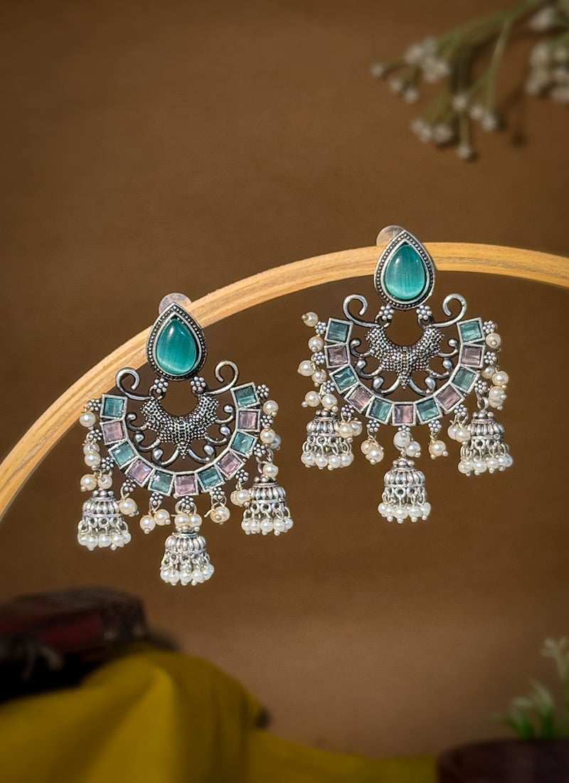 Turquoise Kundan Beads Chaand Bali Jhumka Earrings For Women Festive Wear