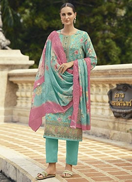 Turquoise Lawn Cotton Digital Print Embroidered Thread Straight Pant Suit