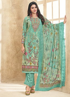 Turquoise Lawn Cotton Thread Embroidered And Digital Print Straight Pant Suit