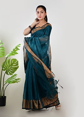 Turquoise Linen Zari Work Saree